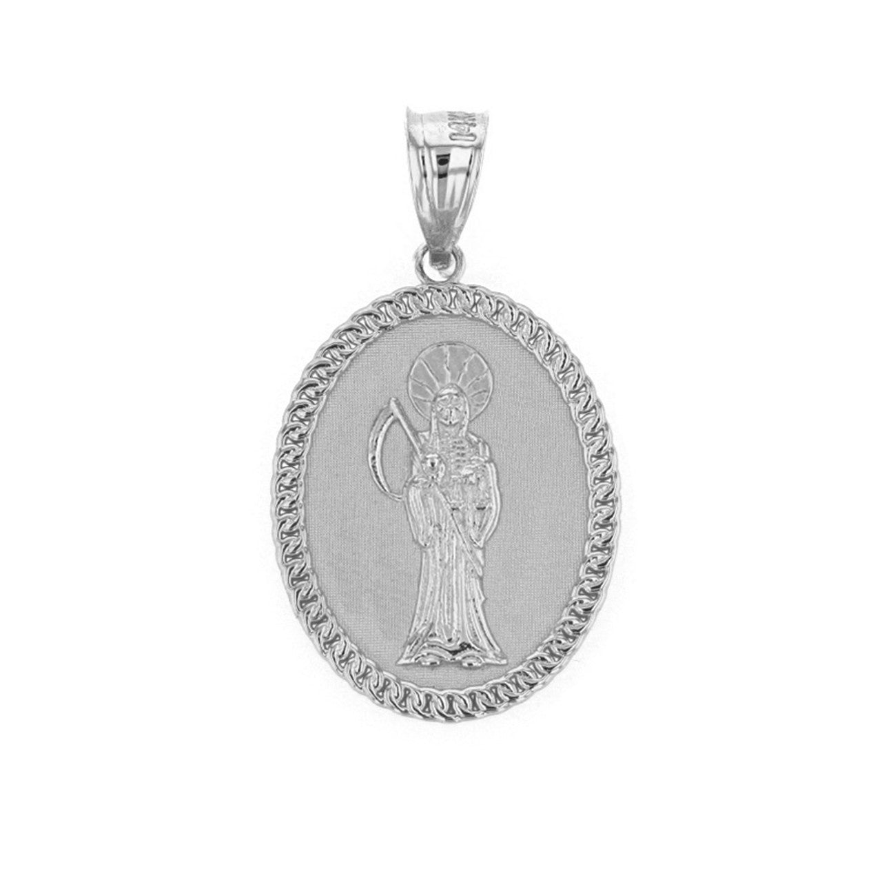 Sterling Silver Santa Muerte Cuban Link Frame Medallion Pendant Necklace 1.28