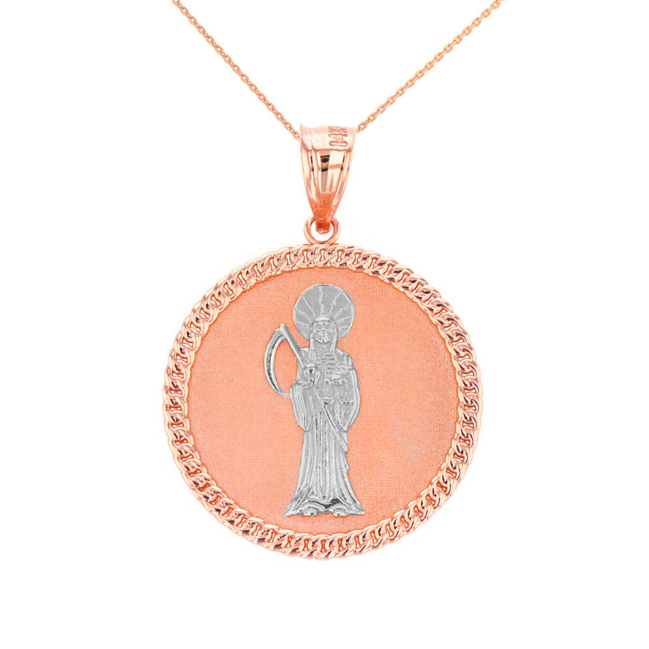 Solid Gold Santa Muerte Cuban Link Frame Medallion Pendant Necklace 1.28