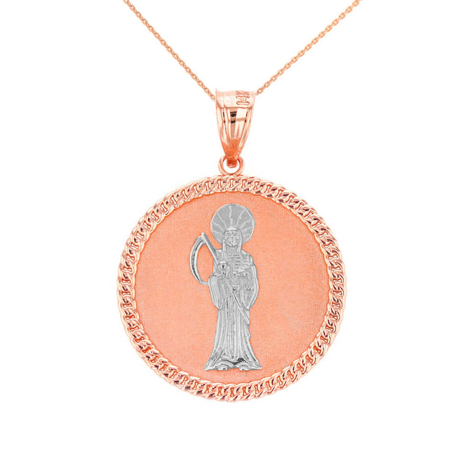 Solid Gold Santa Muerte Cuban Link Frame Medallion Pendant Necklace 1.28