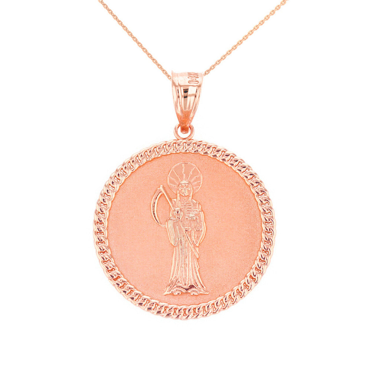Solid Gold Santa Muerte Cuban Link Frame Medallion Pendant Necklace 1.28
