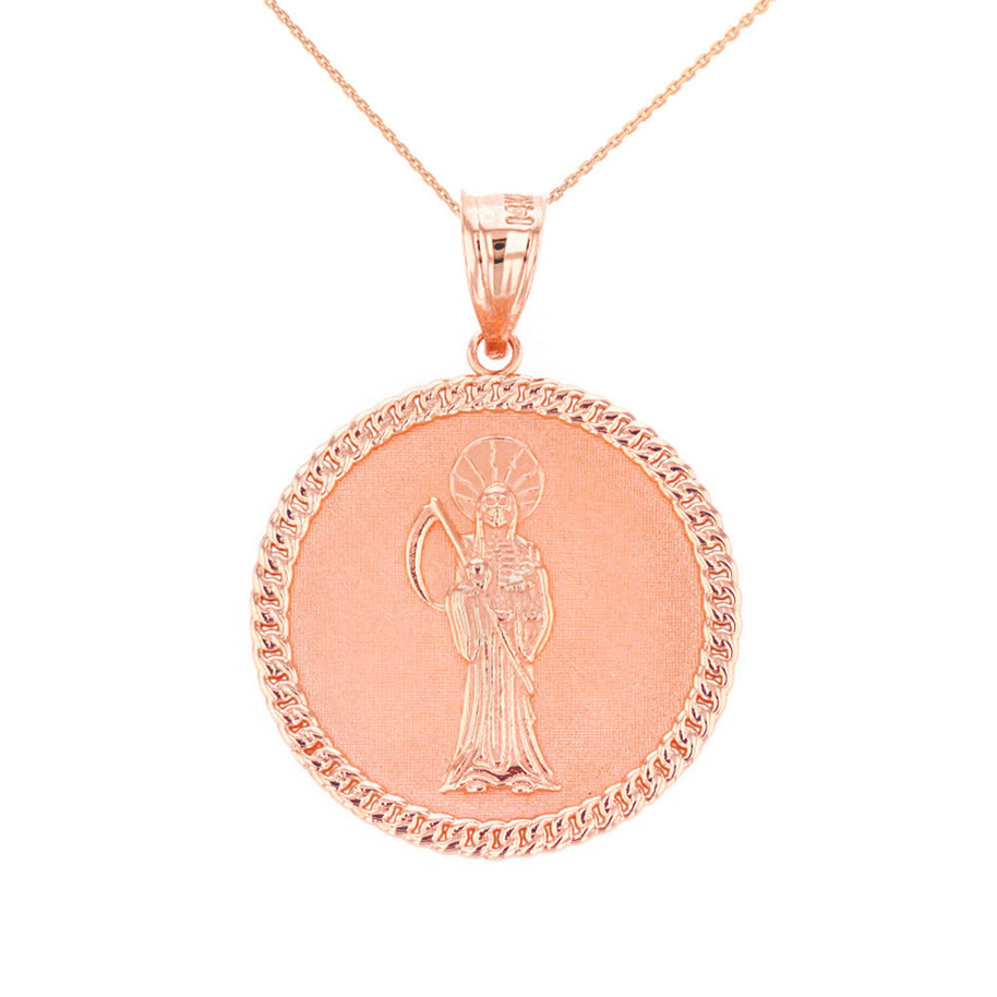 Solid Gold Santa Muerte Cuban Link Frame Medallion Pendant Necklace 1.28