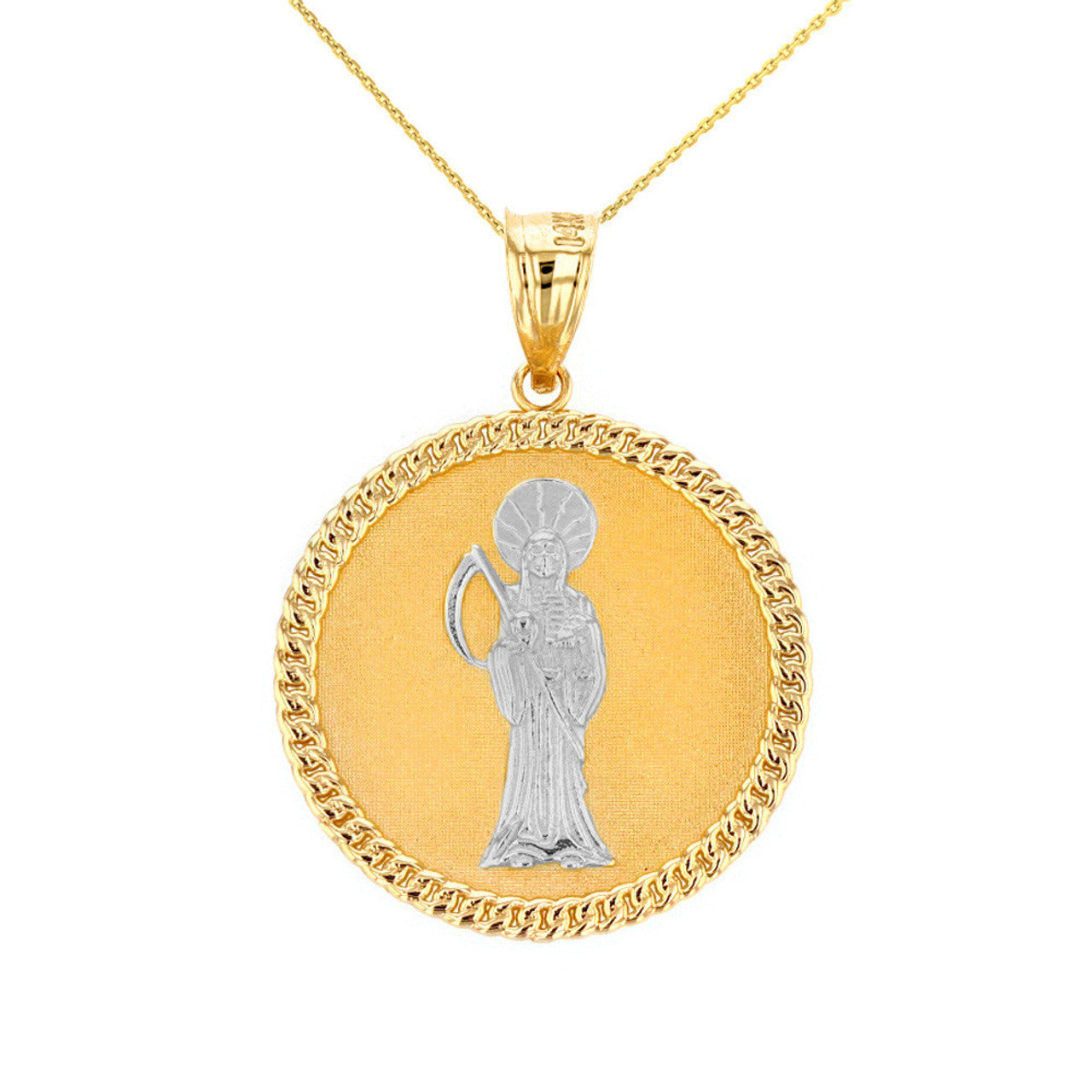 Solid Gold Santa Muerte Cuban Link Frame Medallion Pendant Necklace 1.28