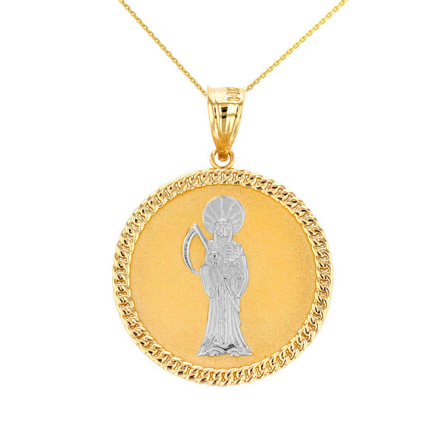 Solid Gold Santa Muerte Cuban Link Frame Medallion Pendant Necklace 1.28