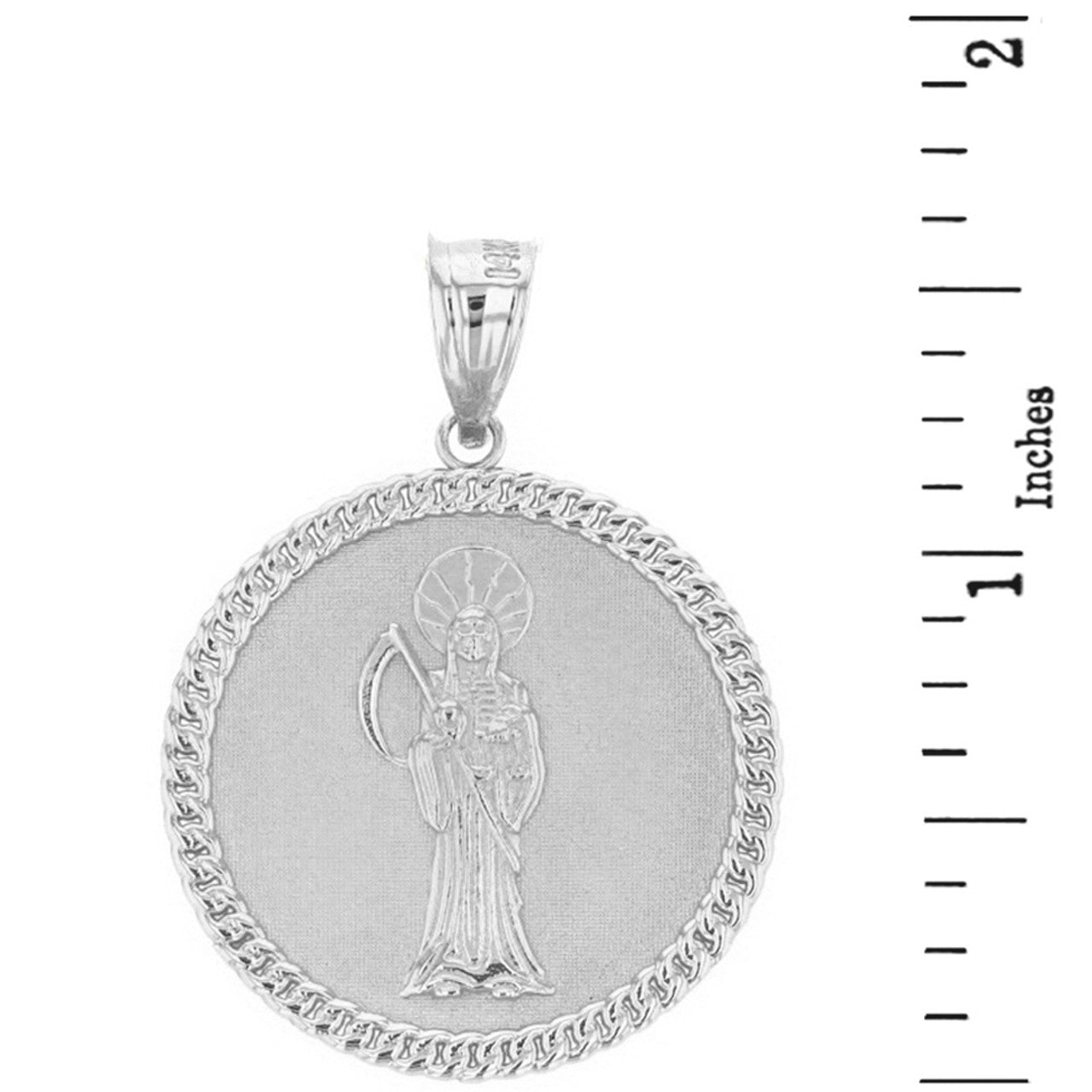 Sterling Silver Santa Muerte Cuban Link Frame Medallion Pendant Necklace 1.34 