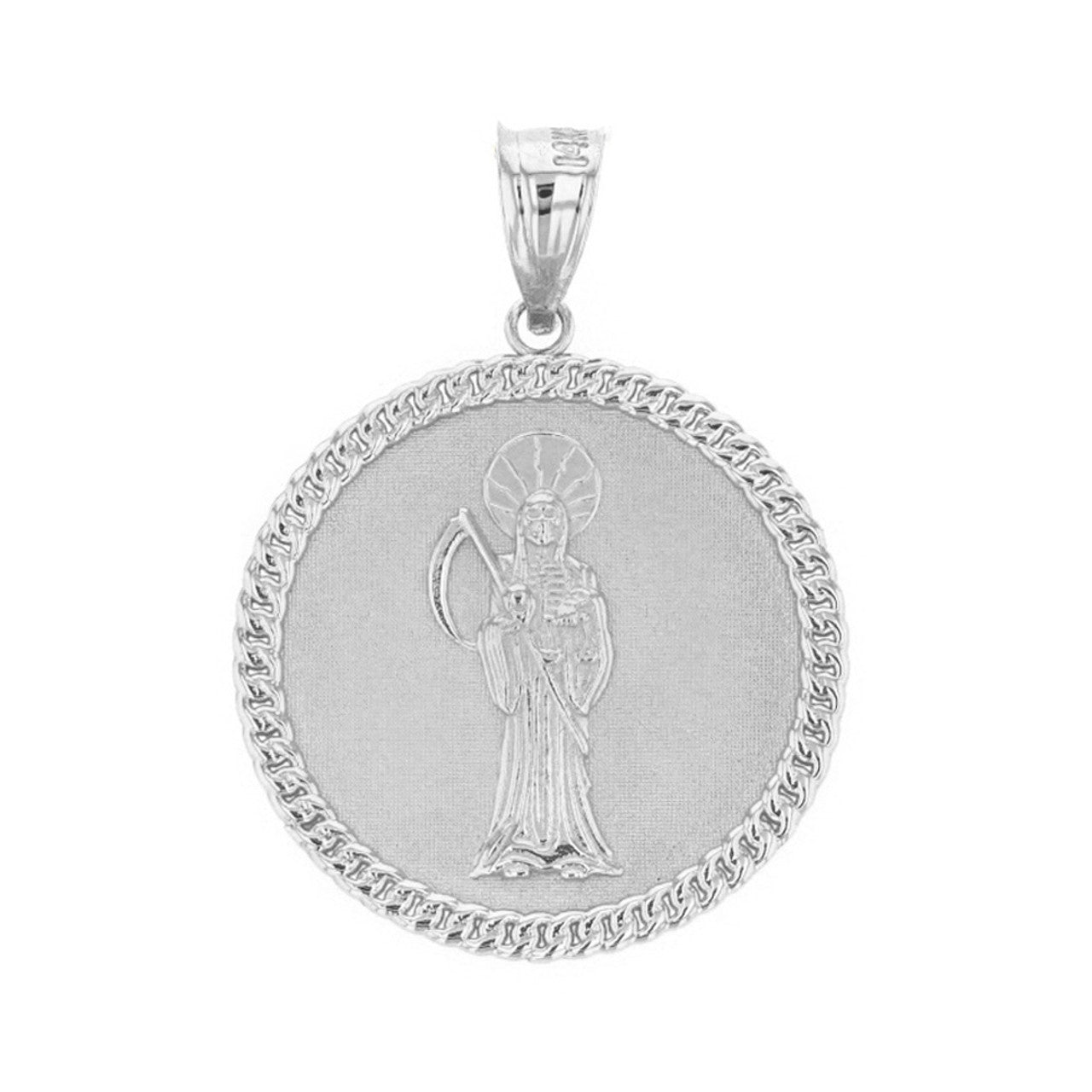 Sterling Silver Santa Muerte Cuban Link Frame Medallion Pendant Necklace 1.34 