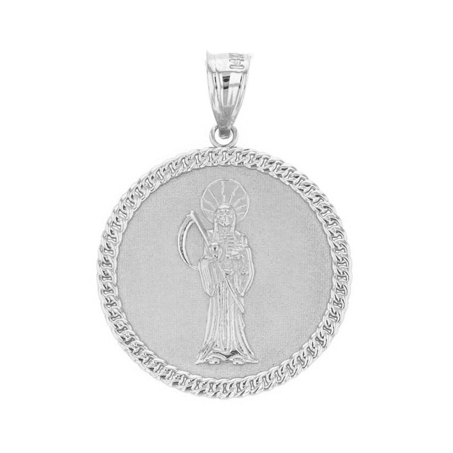 Sterling Silver Santa Muerte Cuban Link Frame Medallion Pendant Necklace 1.34 