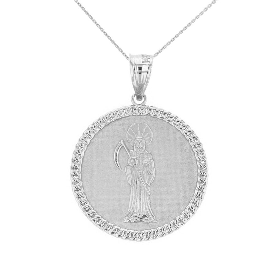 Sterling Silver Santa Muerte Cuban Link Frame Medallion Pendant Necklace 1.34 " (34 mm)