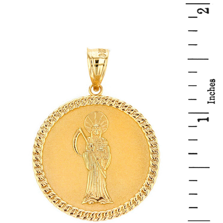 Solid Gold Santa Muerte Cuban Link Frame Medallion Pendant Necklace 1.28