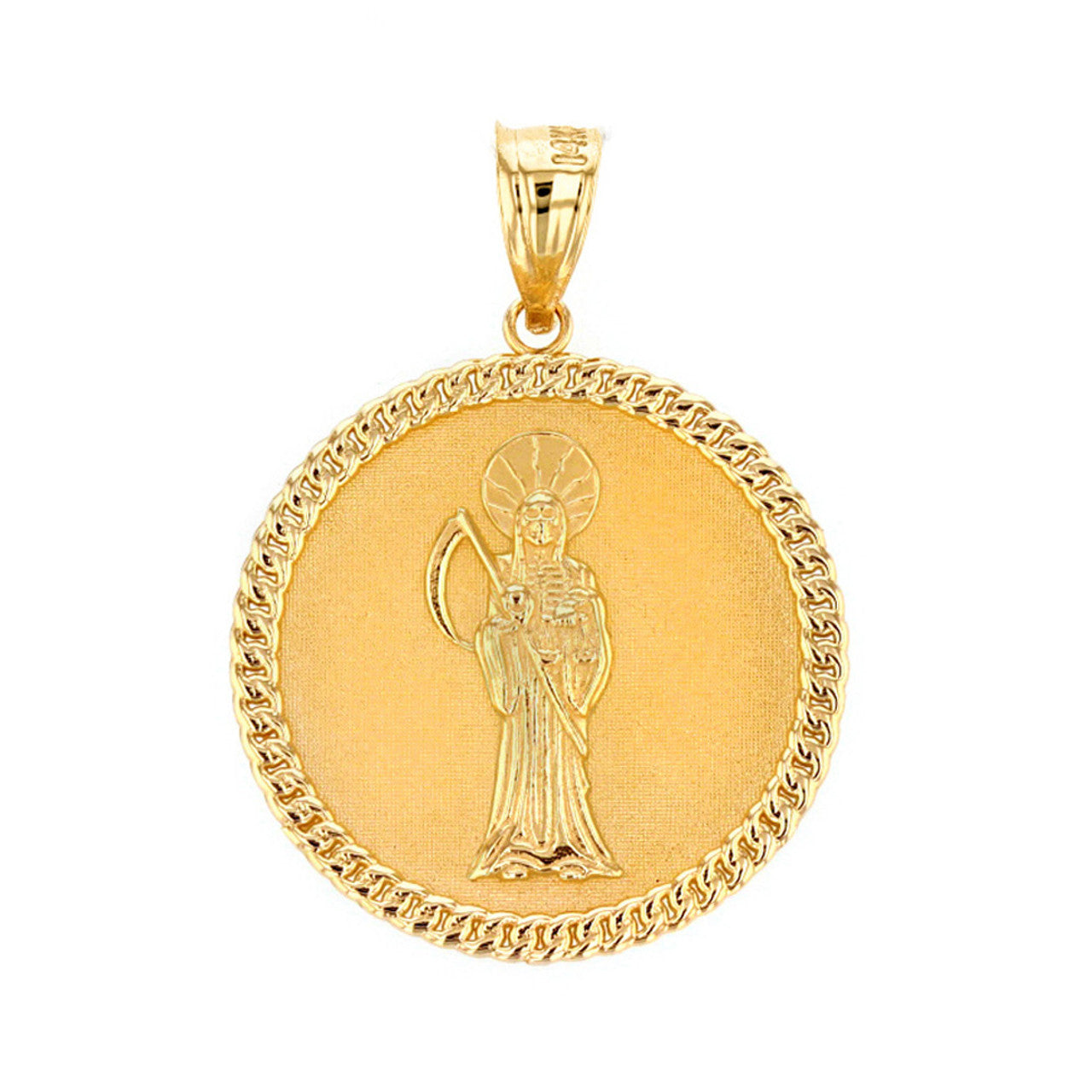 Solid Gold Santa Muerte Cuban Link Frame Medallion Pendant Necklace 1.28
