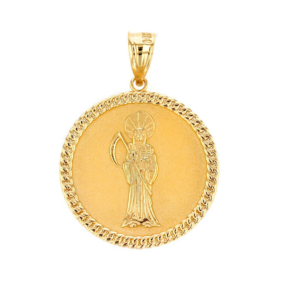 Solid Gold Santa Muerte Cuban Link Frame Medallion Pendant Necklace 1.28" ( 32 mm)(Available In Yellow/Rose/White/ Two Tone Gold)