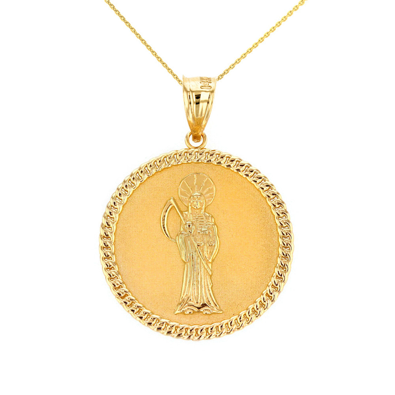 Solid Gold Santa Muerte Cuban Link Frame Medallion Pendant Necklace 1.28