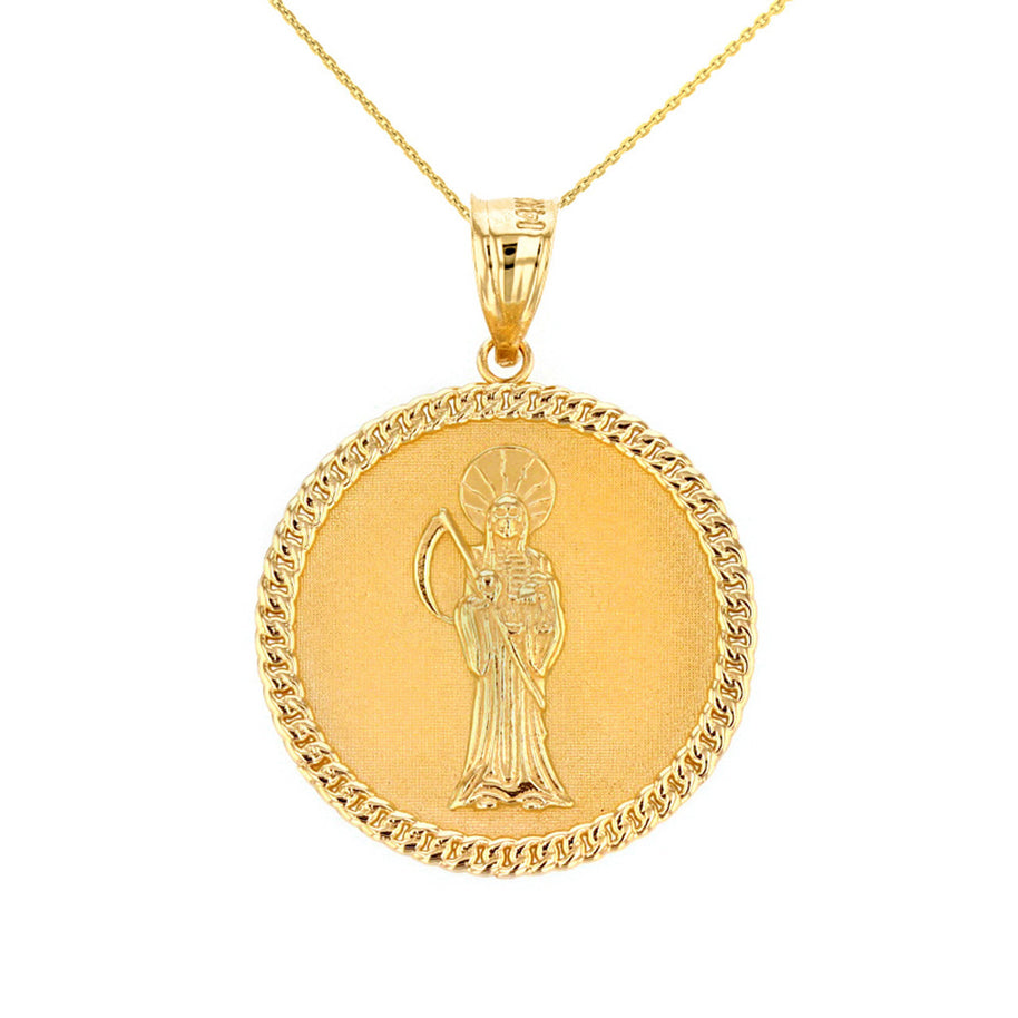Solid Gold Santa Muerte Cuban Link Frame Medallion Pendant Necklace 1.28