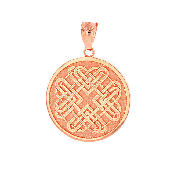 Solid Rose Gold Celtic Quaternary Heart Knot Medallion Pendant Necklace