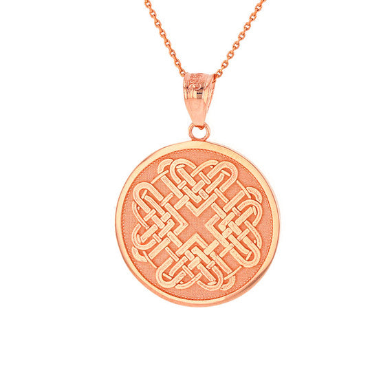 Solid Rose Gold Celtic Quaternary Heart Knot Medallion Pendant Necklace
