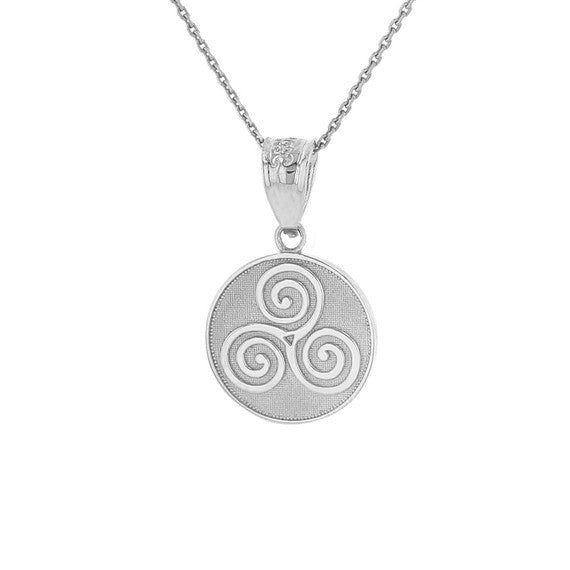.925 Sterling Silver Celtic Triple Spiral Triskele Irish Knot Disc Medallion Pendant Necklace