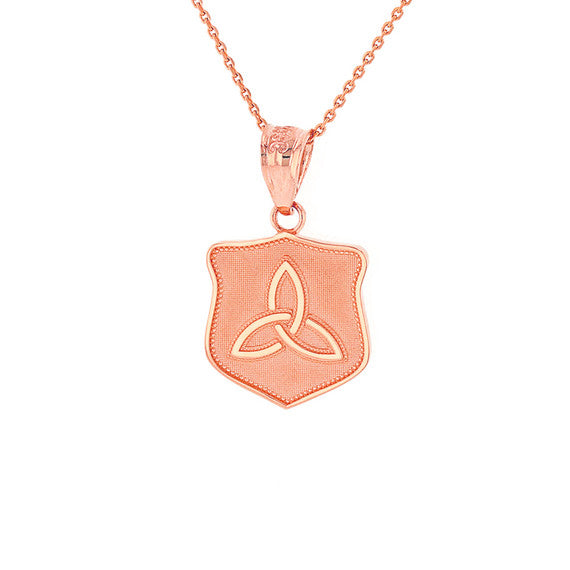 Solid Rose Gold Trinity Shield Triquetra Celtic Knot Pendant Necklace