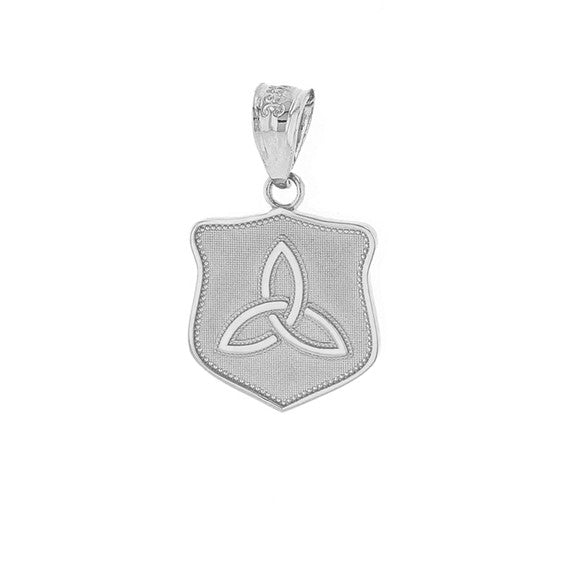 Solid White Gold Trinity Shield Triquetra Celtic Knot Pendant Necklace