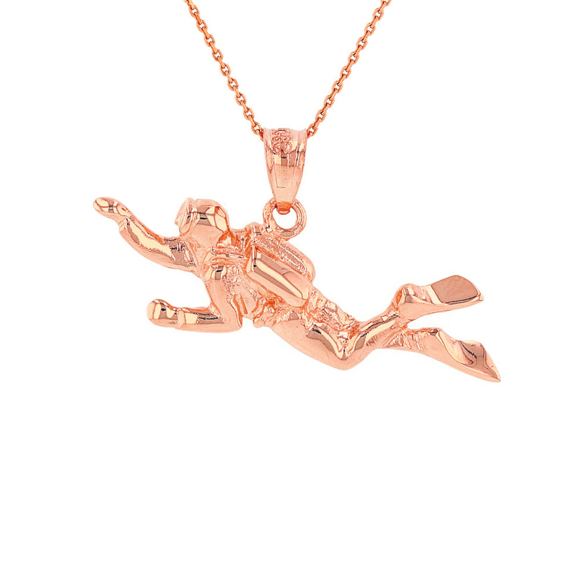 Solid Gold Ocean Scuba Diver Underwater Exploration Pendant Necklace (Available in Yellow/Rose/White Gold)
