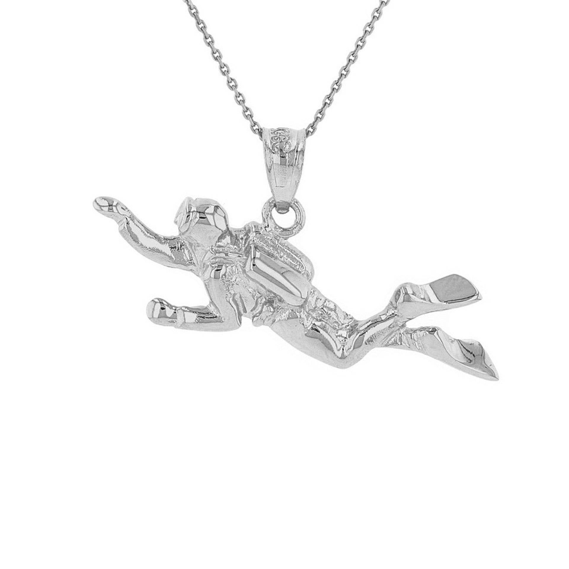 Solid Gold Ocean Scuba Diver Underwater Exploration Pendant Necklace (Available in Yellow/Rose/White Gold)