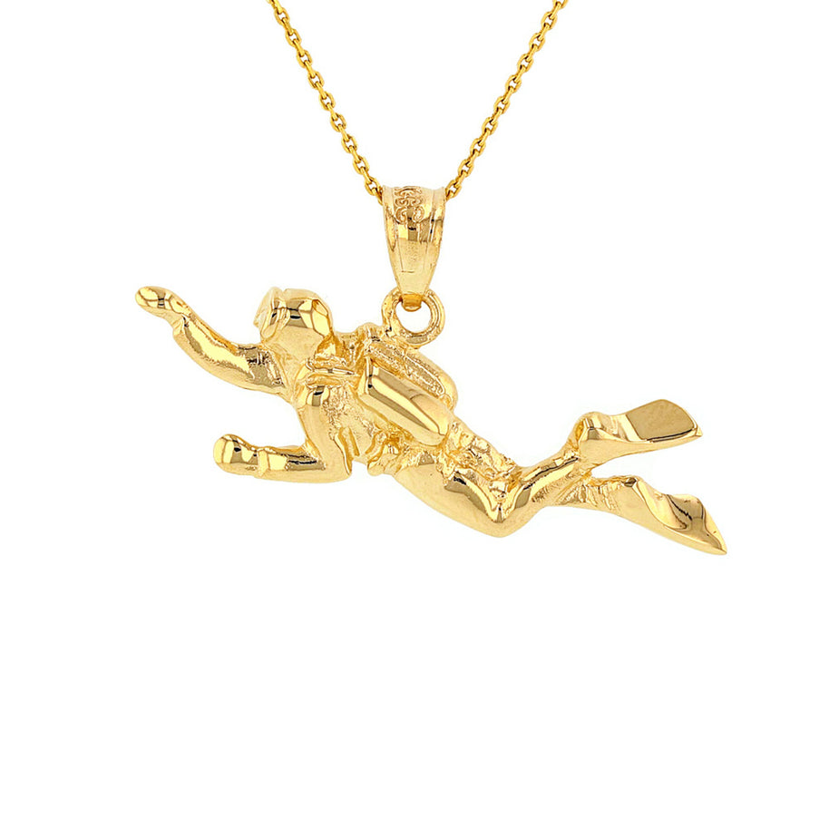 Solid Gold Ocean Scuba Diver Underwater Exploration Pendant Necklace (Available in Yellow/Rose/White Gold)