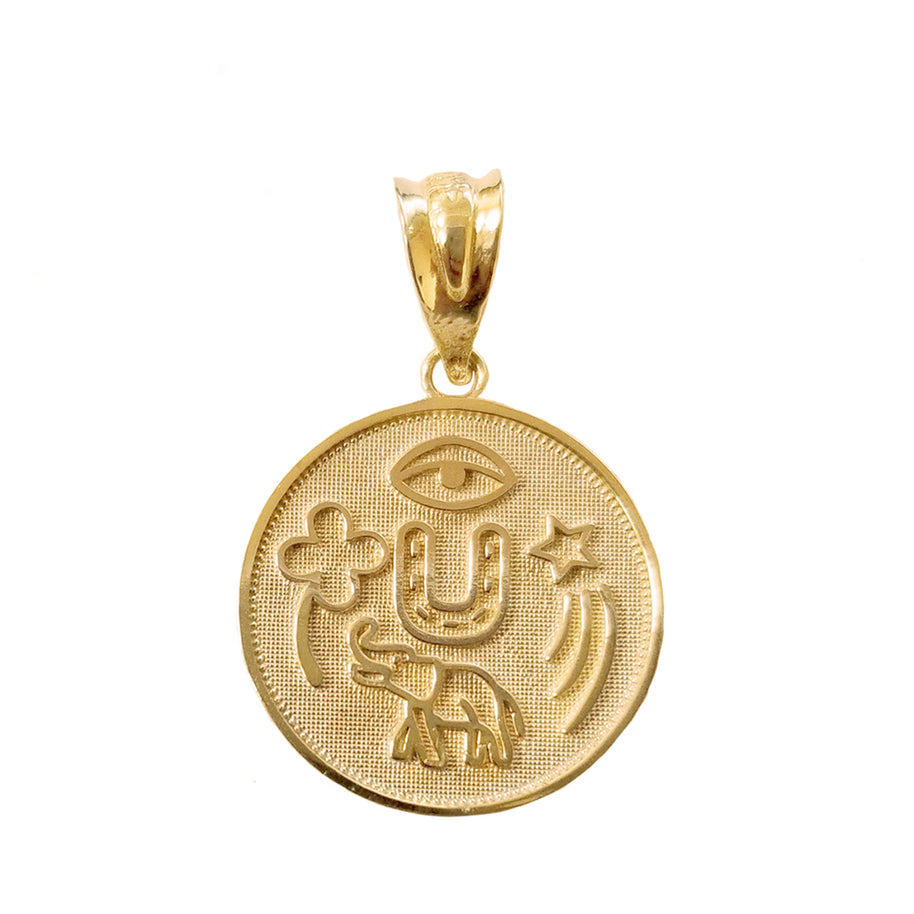 Solid Gold Lucky Charms Amulet Good Luck Disc Medallion Pendant Necklace (Available in Yellow/Rose/White Gold)