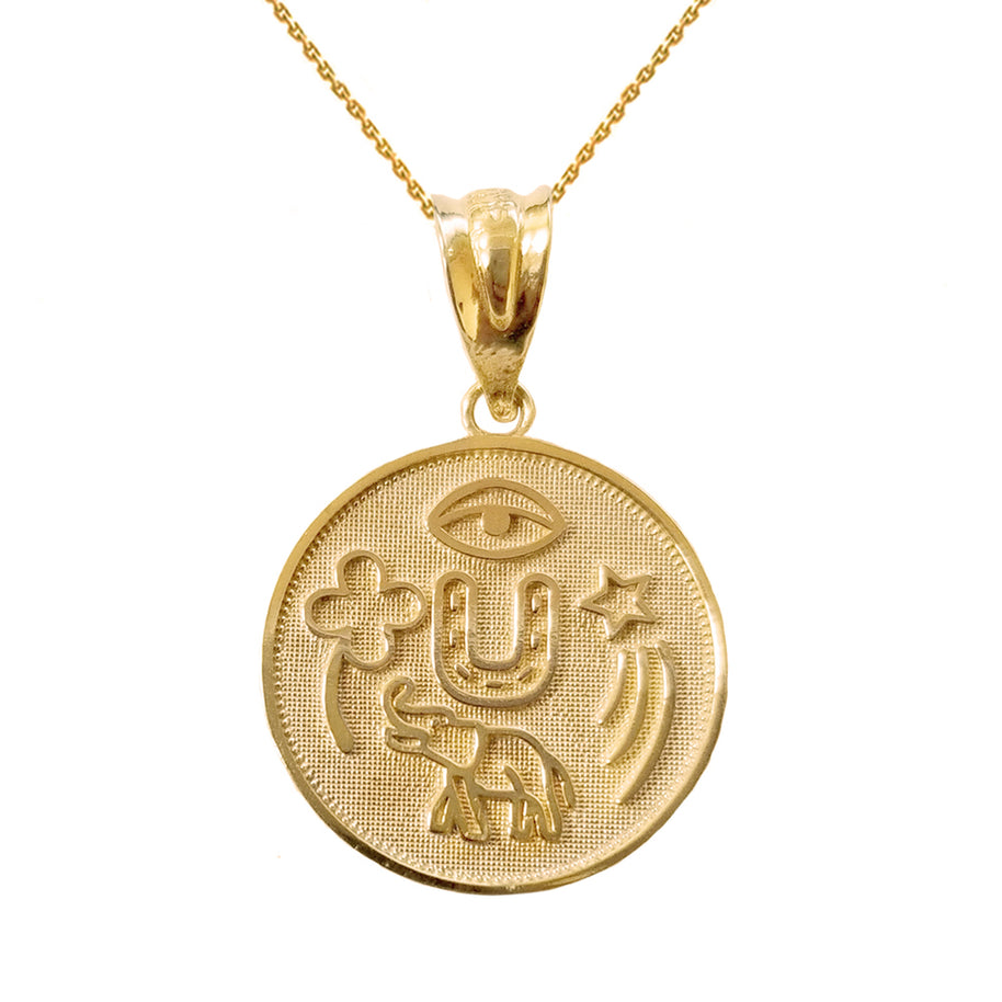 Solid Gold Lucky Charms Amulet Good Luck Disc Medallion Pendant Necklace (Available in Yellow/Rose/White Gold)