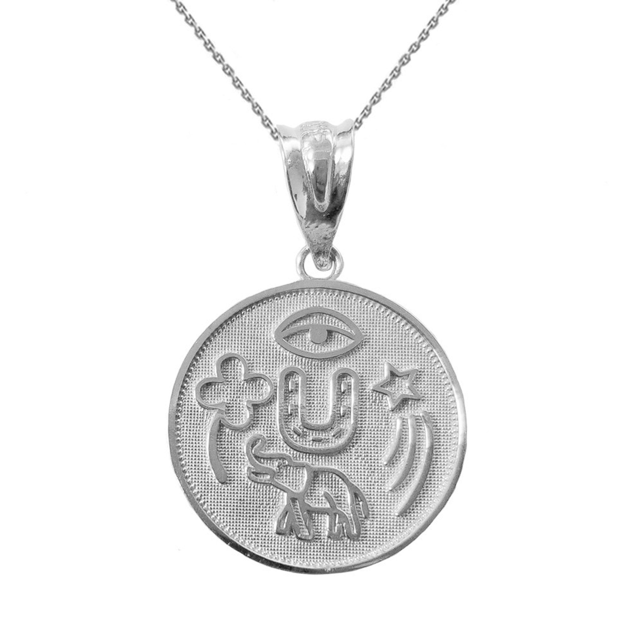 Solid Gold Lucky Charms Amulet Good Luck Disc Medallion Pendant Necklace (Available in Yellow/Rose/White Gold)