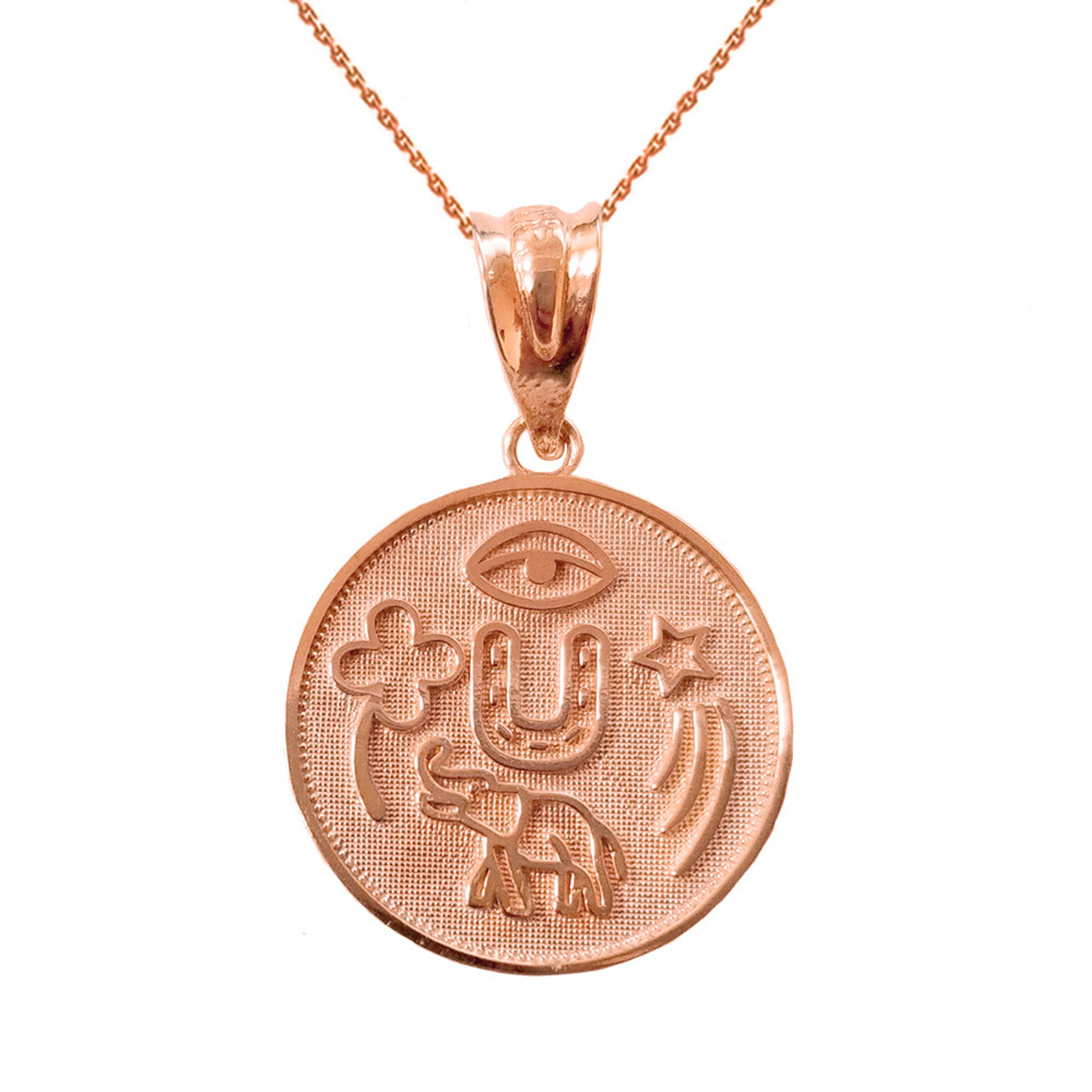 Solid Gold Lucky Charms Amulet Good Luck Disc Medallion Pendant Necklace (Available in Yellow/Rose/White Gold)