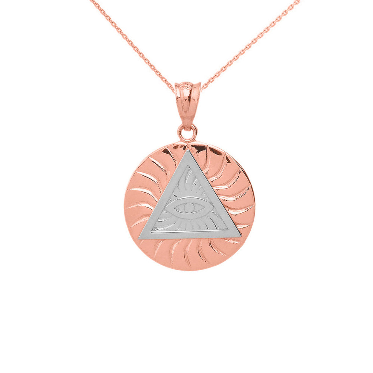 Gold All Seeing Eye of Providence Sun Pyramid Illuminati Pendaant Necklace (Available In Yellow/Rose/White/Two Tone Gold Gold)