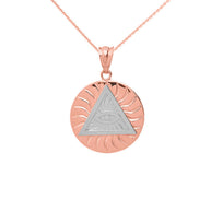 Gold All Seeing Eye of Providence Sun Pyramid Illuminati Pendaant Necklace (Available In Yellow/Rose/White/Two Tone Gold Gold)