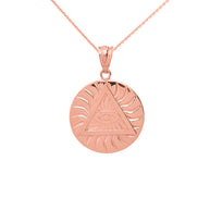 Gold All Seeing Eye of Providence Sun Pyramid Illuminati Pendaant Necklace (Available In Yellow/Rose/White/Two Tone Gold Gold)