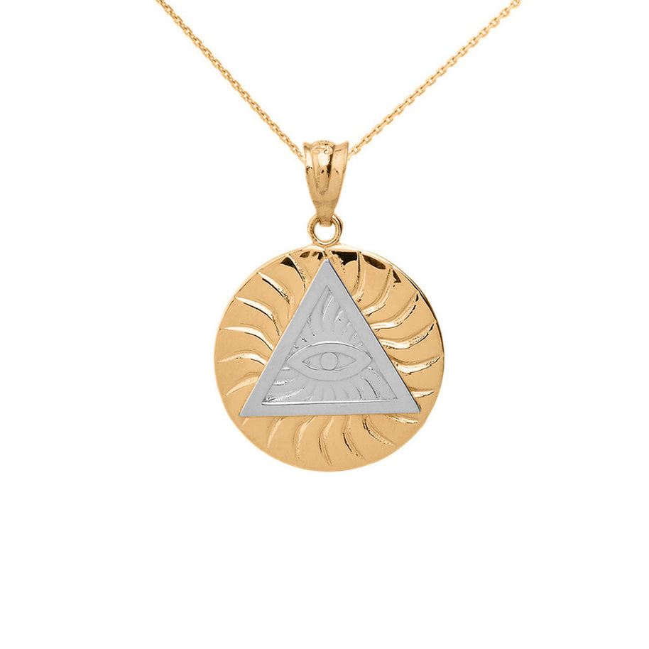 Gold All Seeing Eye of Providence Sun Pyramid Illuminati Pendaant Necklace (Available In Yellow/Rose/White/Two Tone Gold Gold)