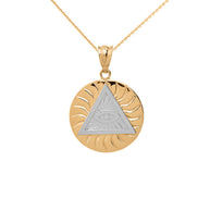 Gold All Seeing Eye of Providence Sun Pyramid Illuminati Pendaant Necklace (Available In Yellow/Rose/White/Two Tone Gold Gold)