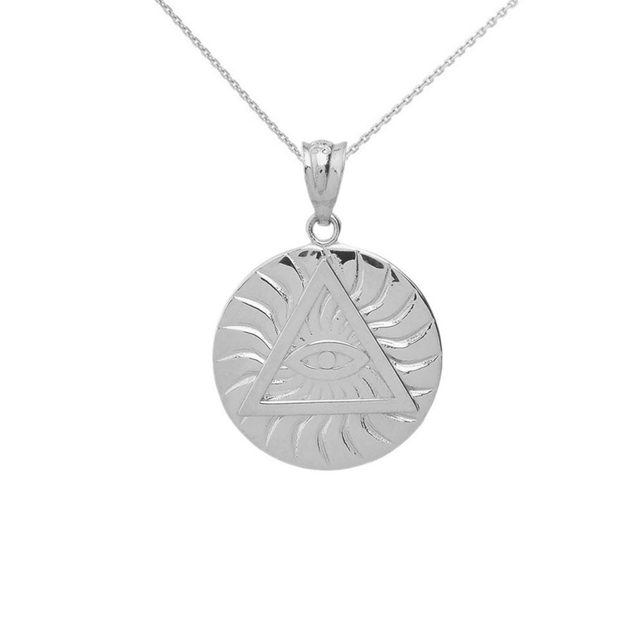 Gold All Seeing Eye of Providence Sun Pyramid Illuminati Pendaant Necklace (Available In Yellow/Rose/White/Two Tone Gold Gold)