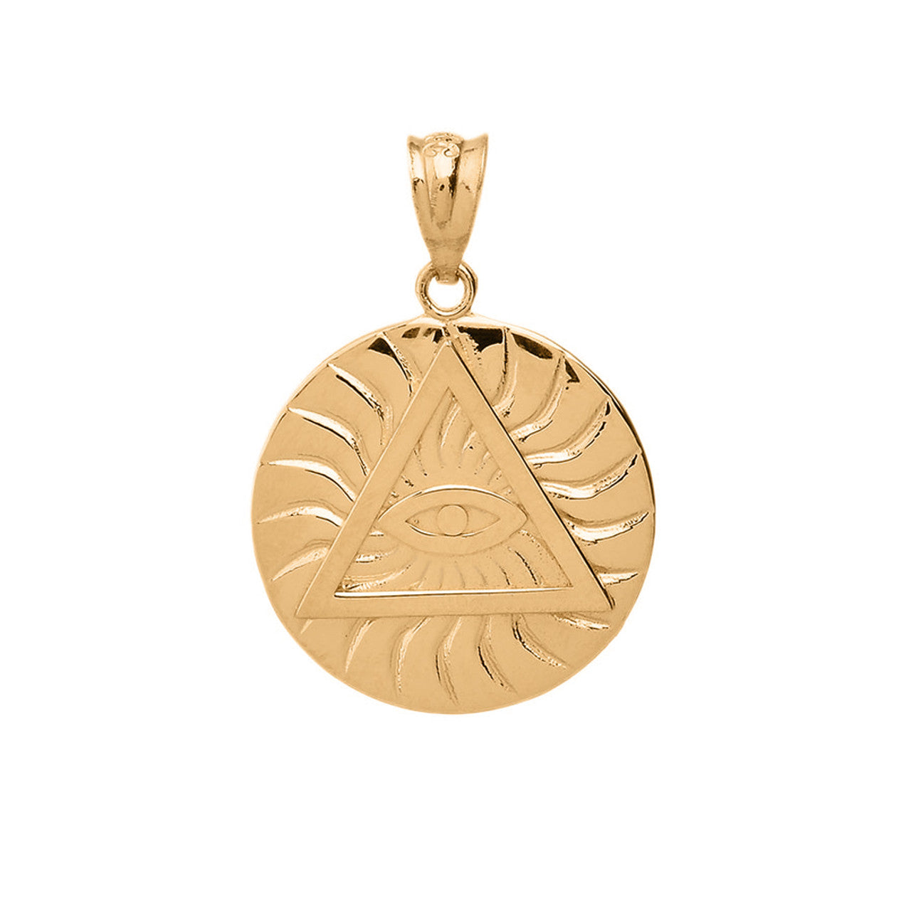 Gold All Seeing Eye of Providence Sun Pyramid Illuminati Pendaant Necklace (Available In Yellow/Rose/White/Two Tone Gold Gold)