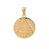 Gold All Seeing Eye of Providence Sun Pyramid Illuminati Pendaant Necklace (Available In Yellow/Rose/White/Two Tone Gold Gold)