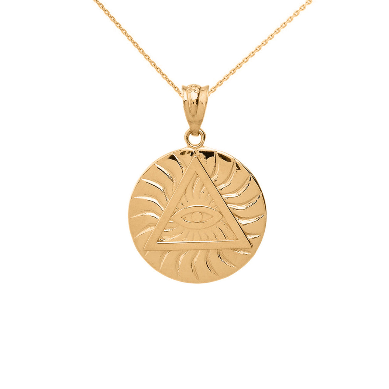 Gold All Seeing Eye of Providence Sun Pyramid Illuminati Pendaant Necklace (Available In Yellow/Rose/White/Two Tone Gold Gold)