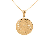 Gold All Seeing Eye of Providence Sun Pyramid Illuminati Pendaant Necklace (Available In Yellow/Rose/White/Two Tone Gold Gold)