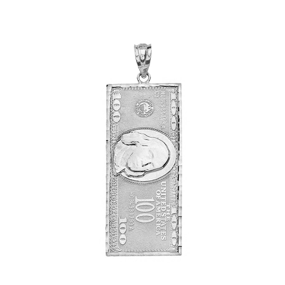 Sterling Silver Benjamin Franklin United States American Hundred Dollar Bill Pendant Necklace (Medium)