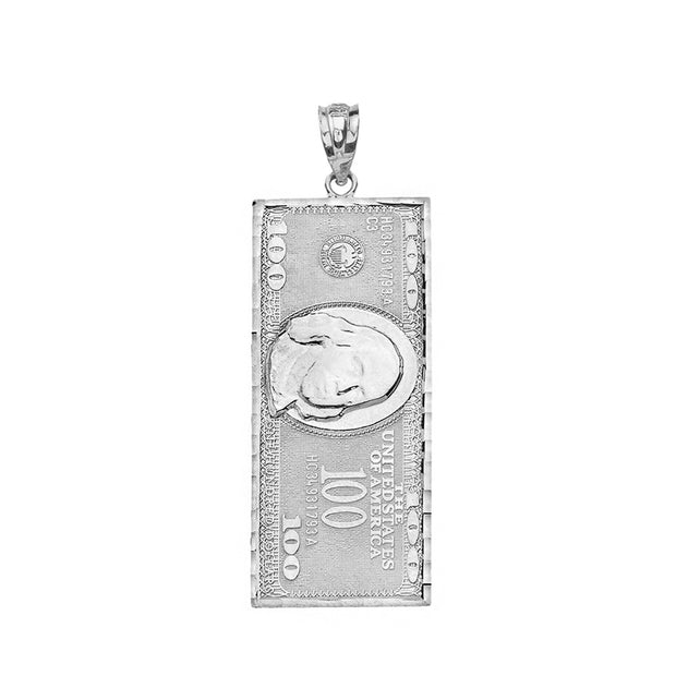 Sterling Silver Benjamin Franklin United States American Hundred Dollar Bill Pendant Necklace (Medium)