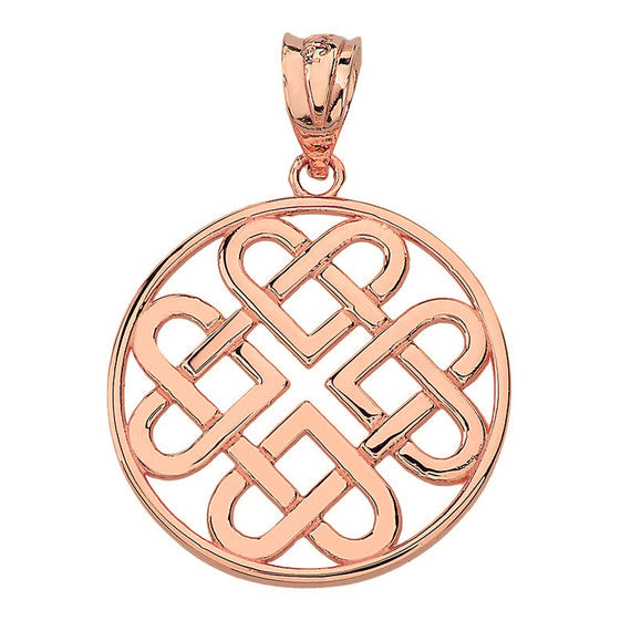 Solid Rose Gold Woven Celtic Hearts Circle Pendant Necklace