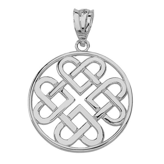 Solid White Gold Woven Celtic Hearts Circle Pendant Necklace