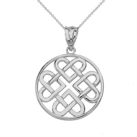 Solid White Gold Woven Celtic Hearts Circle Pendant Necklace