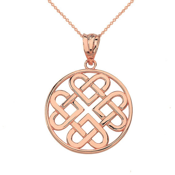 Woven Celtic Hearts Circle Pendant Necklace in Solid Gold (Yellow/Rose/White)