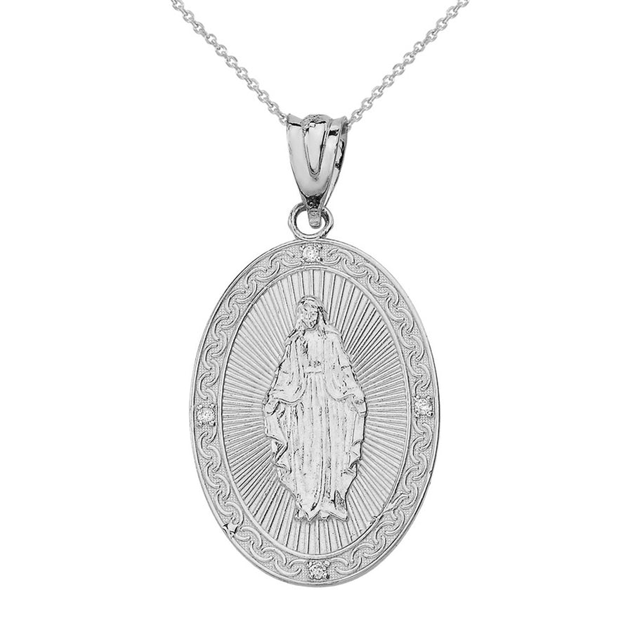 Sterling Silver Mary Mother of Jesus Oval Medallion CZ Pendant Necklace (Small)
