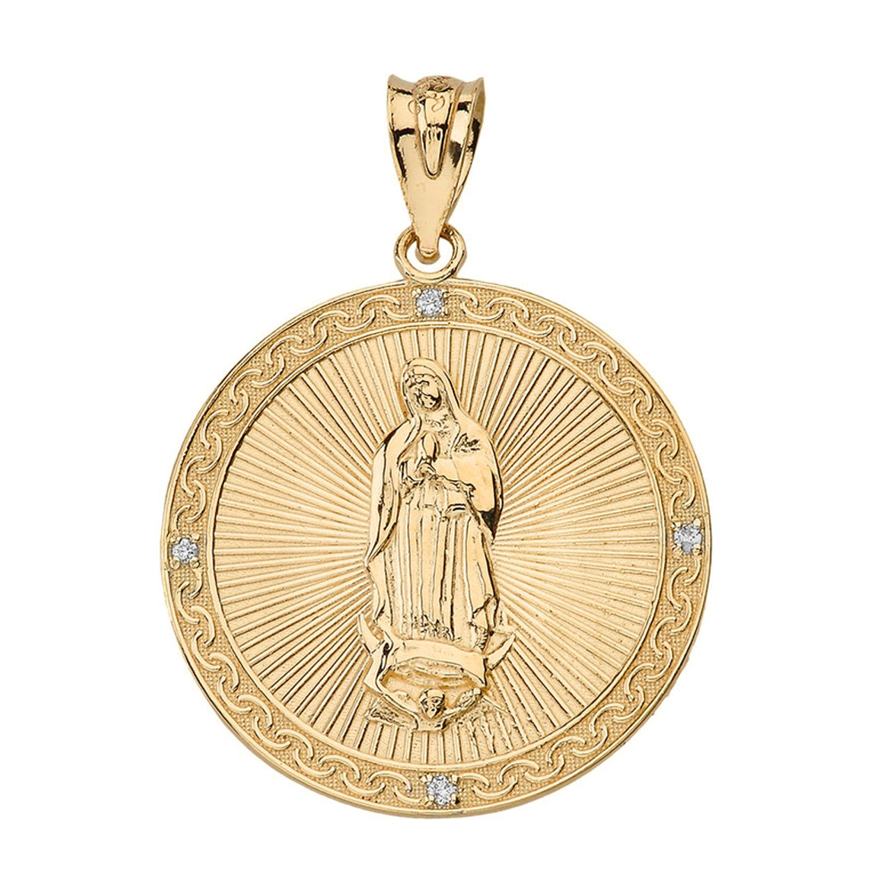 Our Lady of Guadalupe Engravable Circle Medallion Diamond Pendant Necklace (Large) in Solid Gold (Yellow/Rose/White)