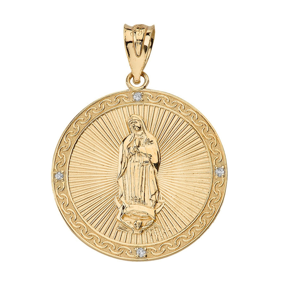 Our Lady of Guadalupe Engravable Circle Medallion Diamond Pendant Necklace (Large) in Solid Gold (Yellow/Rose/White)