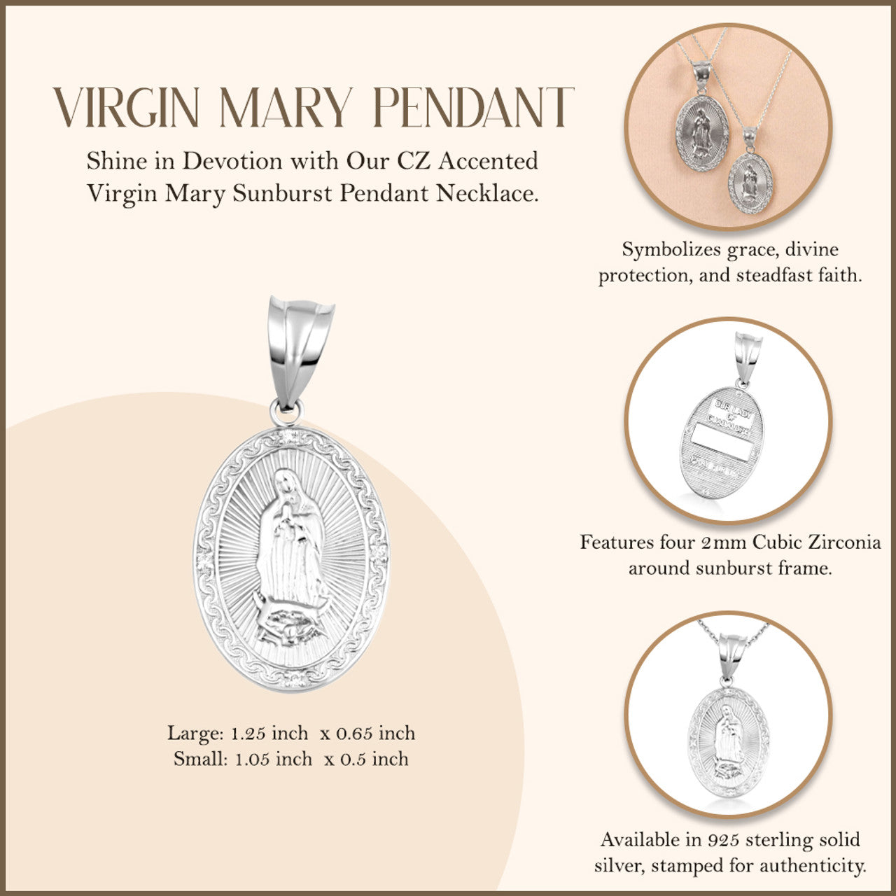Silver Virgen Mary de Guadalupe Necklace with Cubic Zirconia (S/L)