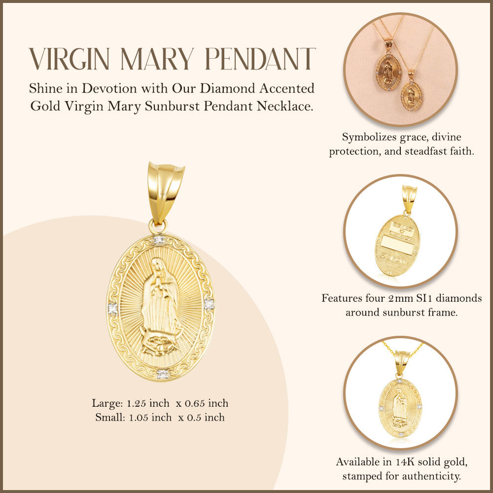 Gold Virgen Mary de Guadalupe Necklace with Diamonds (S/L) (Available in Yellow Gold, Rose Gold, White Gold)