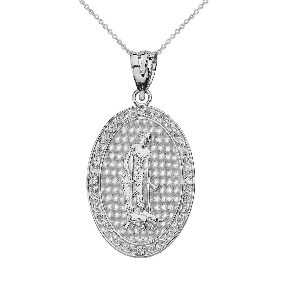 .925 Sterling Silver Cubic Zirconia Saint Lazarus Filigree Oval Medallion Pendant Necklace (1.02")